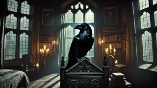Un corbeau noir perché sur une porte richement ornée de la chambre, dans la faible lueur d'une bougie.