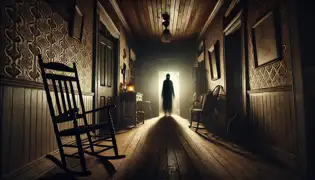 A shadowy figure lurks in a dimly lit hallway, an old rocking chair moving slightly, adding to the eerie atmosphere.