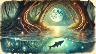 Luna the fish swimming towards the river mouth under a moonlit sky