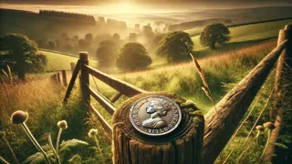 Un shilling en argent posé sur un poteau en bois usé, avec des collines ondulantes à l'horizon.