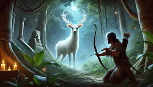 A Mayan hunter, Itzam, hidden in jungle foliage, aims his bow at a glowing white deer standing in a moonlit clearing.