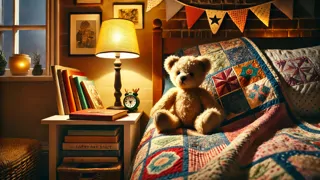 Corduroy, der Teddybär, wird in eine gemütliche Ecke im Kinderzimmer gelegt und sieht zufrieden aus.