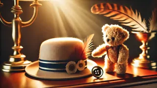 Corduroy, der Teddybär, entdeckt eine glänzende Messingschnalle unter einem Samthutständer in einem Kaufhaus.
