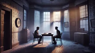 Spencer in a twilight-lit room faces a gentler version of his ghostly double, releasing the past.