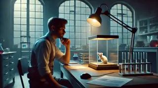 Charlie studying a white mouse under a microscope, concern etched on his face