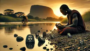 Obinna sits by the river at sunset, carving Adanne’s face into a stone, surrounded by small sculptures of her likeness, lost in sorrow.