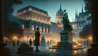  Erik Kovács stands before a new monument dedicated to Lady Katalin Hunyadi in the twilight-lit courtyard of Buda Castle.