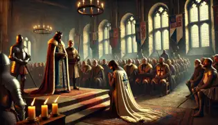 Emperor Charles IV stands before his court at dawn, bestowing the title of Guardian of Karlštejn upon Sir Matěj.