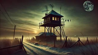 Escena nocturna en una torre de vigilancia en medio del bosque, con espías registrando espíritus entre cables telegráficos y faroles de gas.