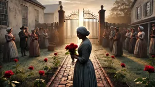 Emily Blackwood se presenta ante los habitantes del pueblo sosteniendo rosas inscriptas con nombres.