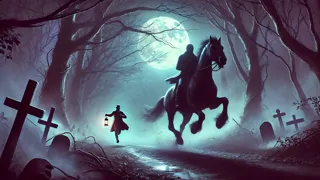Le cavalier sans tête poursuivant le maître d'école à travers les bois embrumés sous la lumière de la lune