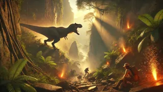 A massive Tyrannosaurus rex rearing up against a rocky cliff as explorers scatter