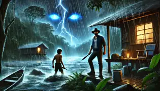 A stormy night at the Tárcoles River, where Miguel and Javier stand outside their cabin as blue eyes glow beneath the rising water.