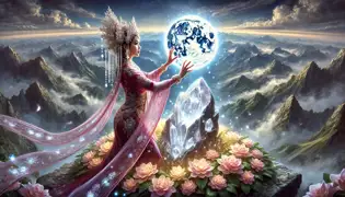 Liyana reaches out to the glowing Moonstone, surrounded by flowers at the summit of the sacred mountain.