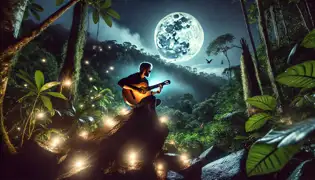 At El Yunque's peak, Javier plays guitar under the full moon, surrounded by a glowing magical aura and coquí songs.