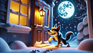 Gray wolf claws a wooden cottage door while lantern light glows inside