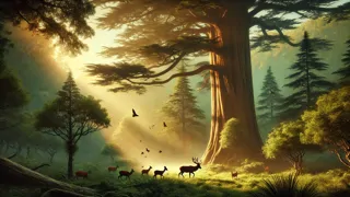 Vibrant forest clearing bathed in golden light with deer grazing near an ancient cedar