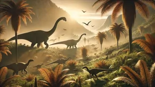 A herd of long-necked dinosaurs grazing in a sunlit valley