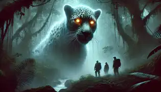 A glowing-eyed, jaguar-like spirit emerges from the mist, its spectral form shifting as the explorers stand frozen in fear.