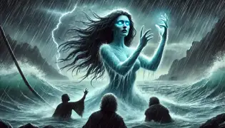  Maita, the River Spirit, emerges from the floodwaters with glowing blue eyes as Miguel and Javier kneel before her in awe and fear.