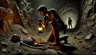 In a dark mine tunnel, Diego Ayala kneels, uncovering a skeletal hand as an unseen shadowy presence watches from behind.