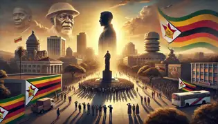 A statue of Mbuya Nehanda in Harare, people gathered in tribute as her spirit watches over Zimbabwe in the golden sunset.