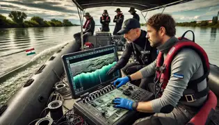 Archaeologists aboard a research boat use sonar equipment to scan the Tisza River, detecting the outline of a submerged medieval city.