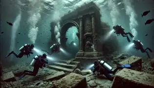 Divers descend into the murky depths of the Tisza River, uncovering the moss-covered ruins of an ancient submerged city.