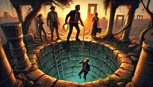 The team stands at the edge of the cursed well in Jericho, preparing to descend into the unknown depths.