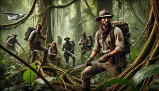 A team of explorers cutting through thick jungle vines with machetes, surrounded by towering trees and dense vegetation.