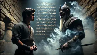  Rustam Khan, gripping his sword, faces the smirking Djinn in a dimly lit ruin with magical glowing inscriptions on the walls.