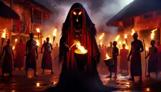 A dark masquerade with glowing eyes disrupts the festival as Aderoju and the villagers sense the presence of the vengeful spirit Ajogun.