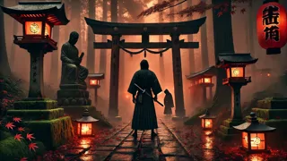 Masaru dueling a hooded assassin beneath the lantern-lit torii at dusk