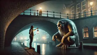 A tense midnight confrontation between the bridge keeper and a massive troll beneath an old stone bridge in Utrecht.