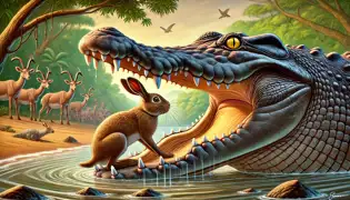 A tense moment as a hare places his paw inside a crocodile’s open jaws, testing his speed and intelligence in a dangerous game.