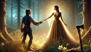 A tense moment as Lucian reaches for the hand of the radiant Sânziana in a glowing, magical forest clearing.