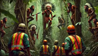 Waorani warriors hidden in the jungle observe oil company workers marking trees in the Amazon rainforest.