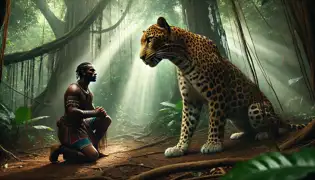 Ngombo kneels calmly before a great leopard in the jungle, showing respect as the powerful feline watches him closely.