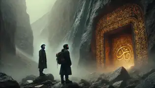 Two travelers stand before an ancient cave entrance in the Pamir Mountains, golden inscriptions glowing faintly on the stone.