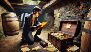 A journalist kneels in a hidden cellar, reading a letter beside a chest of gold coins, as an ominous shadow looms above.