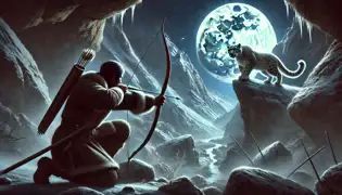 A hunter aims his bow at a snow leopard under a full moon, but a divine wind shatters the arrow before it can strike.