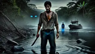 Miguel stands at the riverbank gripping a machete, staring uneasily at the glowing blue eyes beneath the murky water.