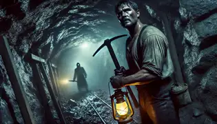 Diego Ayala, a rugged miner, stands frozen in a dimly lit tunnel, gripping a pickaxe as a ghostly whisper echoes behind him.