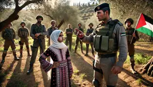 Layla and her father confront soldiers in an olive grove, standing firm to protect their ancestral land.