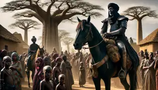 A tense scene as a warlord on horseback surveys a village in Mali, while villagers stand in fear and defiance.