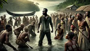 Villagers gather in distress as an empty canoe drifts ashore, signaling the Crocodile King’s latest victim. Kibamba stands determined.