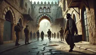 A craftsman walks near Damascus Gate under watchful armed guards, with the ancient stone walls of Jerusalem around him.