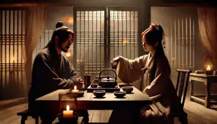 Hong Gildong and Chun-hee sit in a dimly lit teahouse, discussing secret plans against Minister Kim over cups of rice wine.