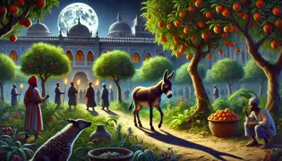 A frightened donkey stands in a royal garden at night as palace guards with torches approach, realizing he has been tricked.