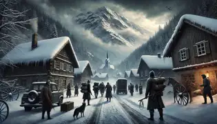 A group of explorers departs a snow-covered Austrian village near the Untersberg, ignoring the shepherd’s warnings.